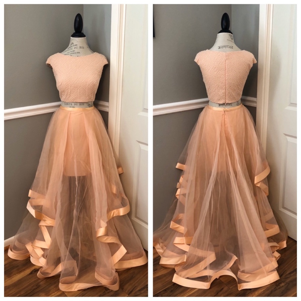 NEW TERANI COUTURE SZ 12 TWO PIECE PEACH PEARL FORMAL BALL GOWN - Picture 2 of 8